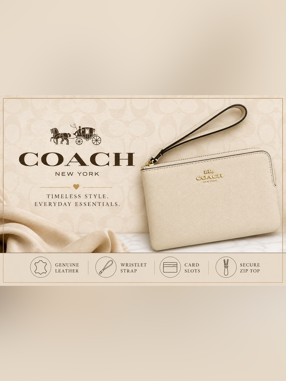Coach Corner Zip Wristlet Pebbled Leather Chalk/Cream Wristlet Wallet Pouch